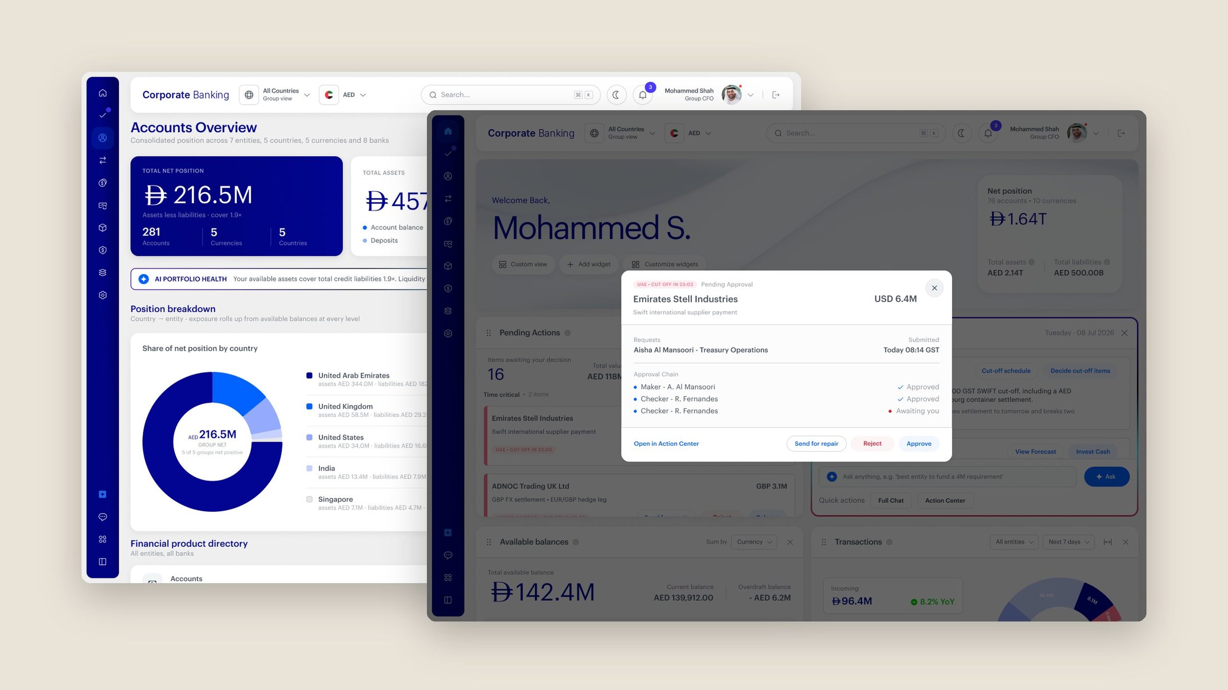 Corporate banking dashboard on a desktop screen