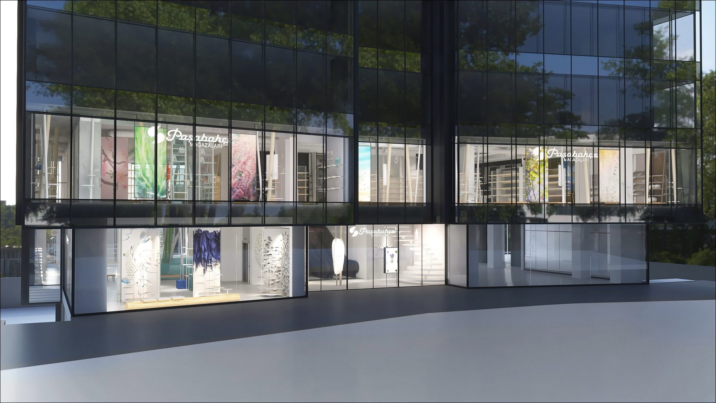 Interior design concept: store façade at dusk with window displays and screens