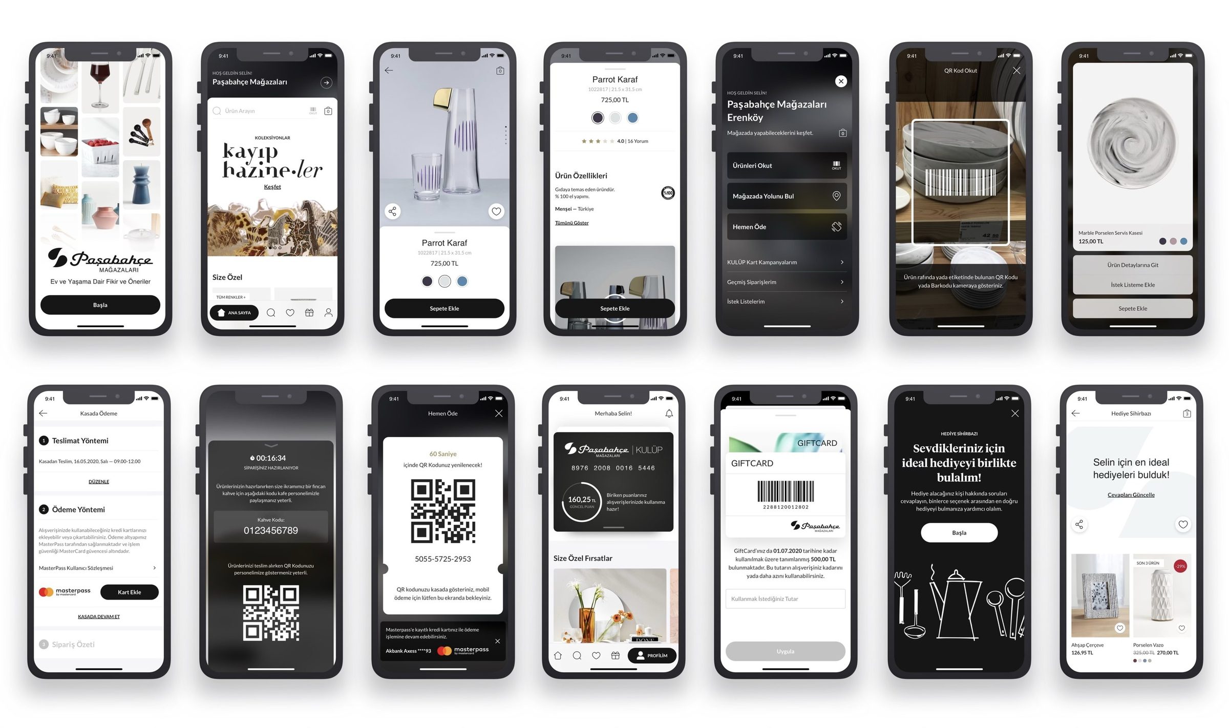 Store app screens: home, product detail, in-store services, QR scan and pay, loyalty card, gift card and gift finder