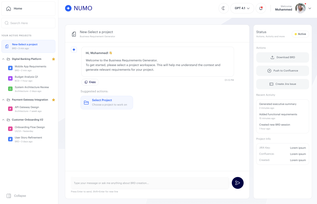 Active project with AI assistant and action panel