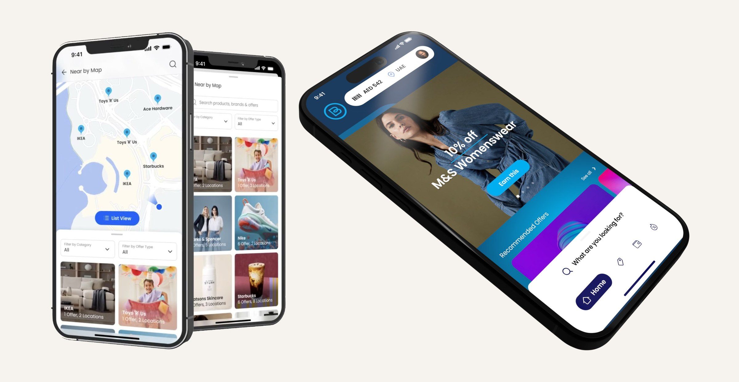 Blue app screens: near by map with offers from Blue partners, and personalised offers on the home screen
