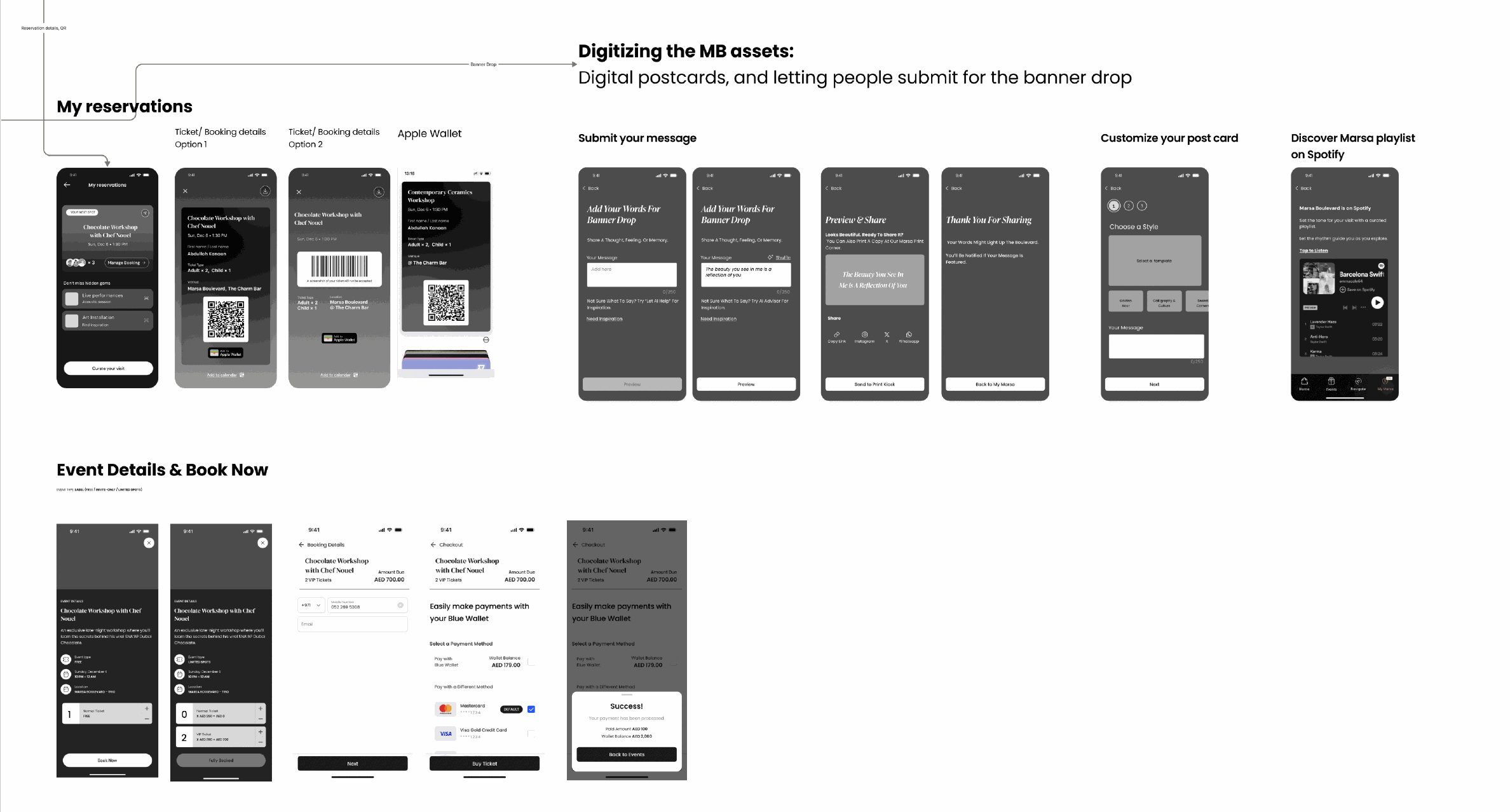 App concepts: reservations, event booking, digital postcards and banner drop