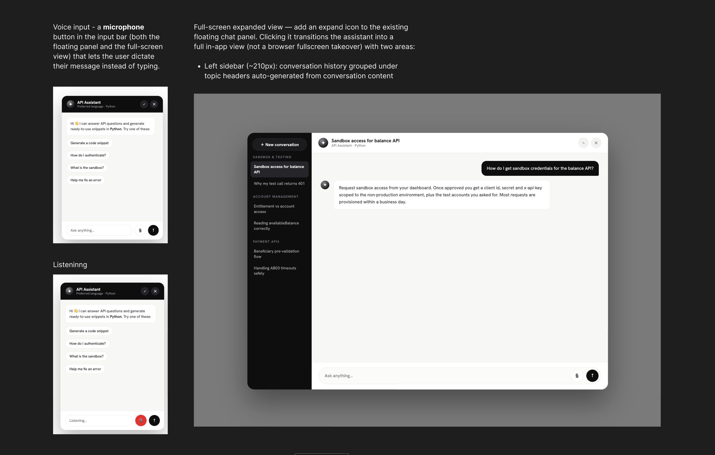 AI assistant wireframes: voice input, listening state and full-screen view