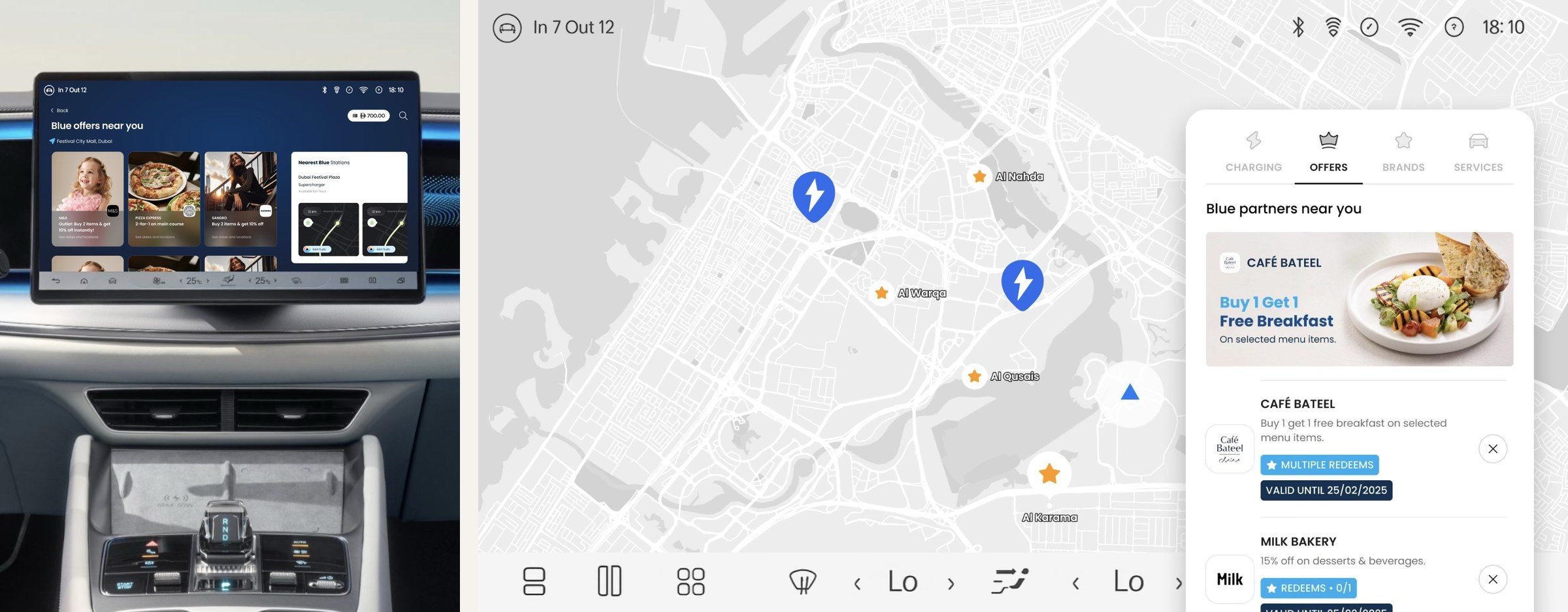 In-car OS: Blue offers near you on the dashboard screen, and Blue partners on the in-car map