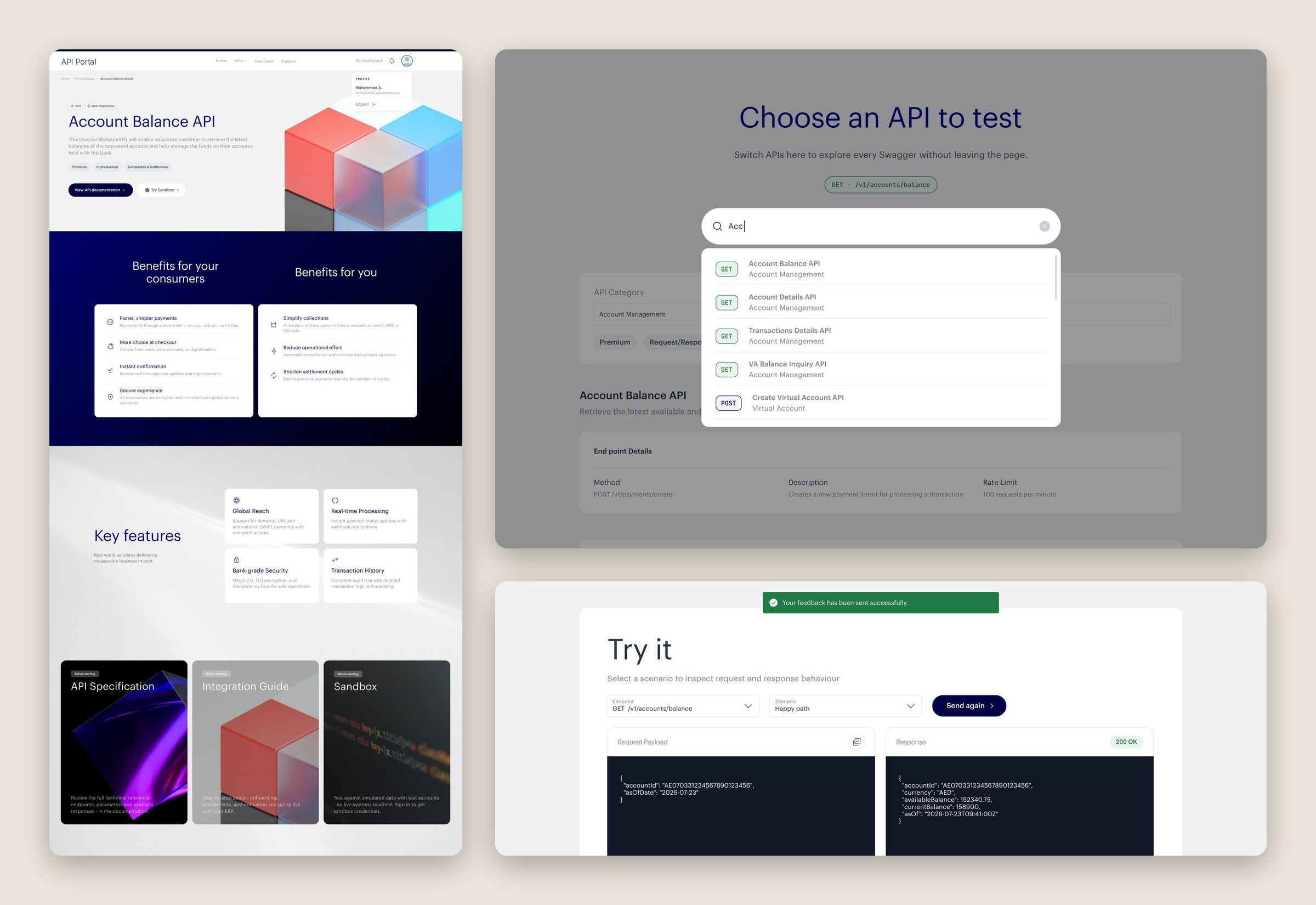 Collage: API product page, API simulator search and Try it console