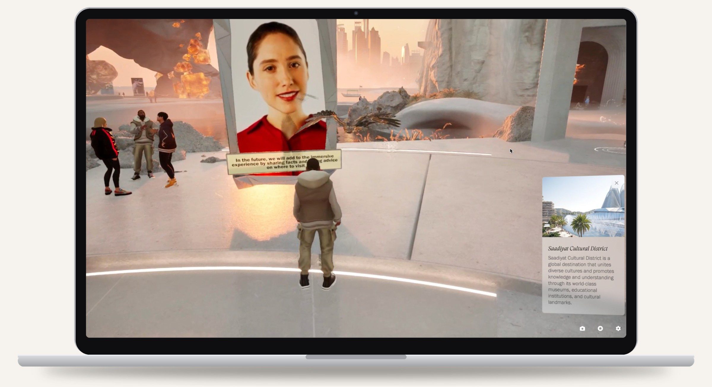 Saadiyat Cultural Compass prototype on a laptop: a visitor avatar stands in the 3D district in front of a guide, with an info card about Saadiyat Cultural District