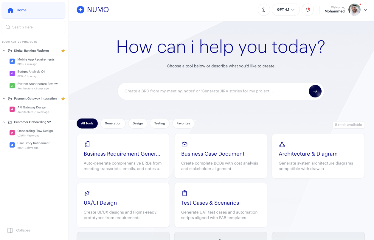 Landing page with expanded side panel and tool cards