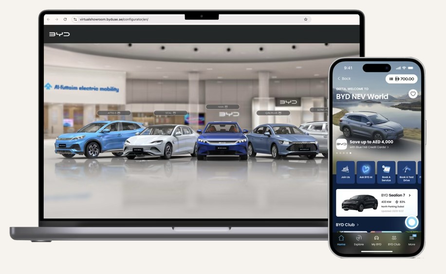 BYD NEV World: the virtual showroom on desktop and the BYD hub inside the Blue app, with offers, test drive booking, My BYD and BYD Club