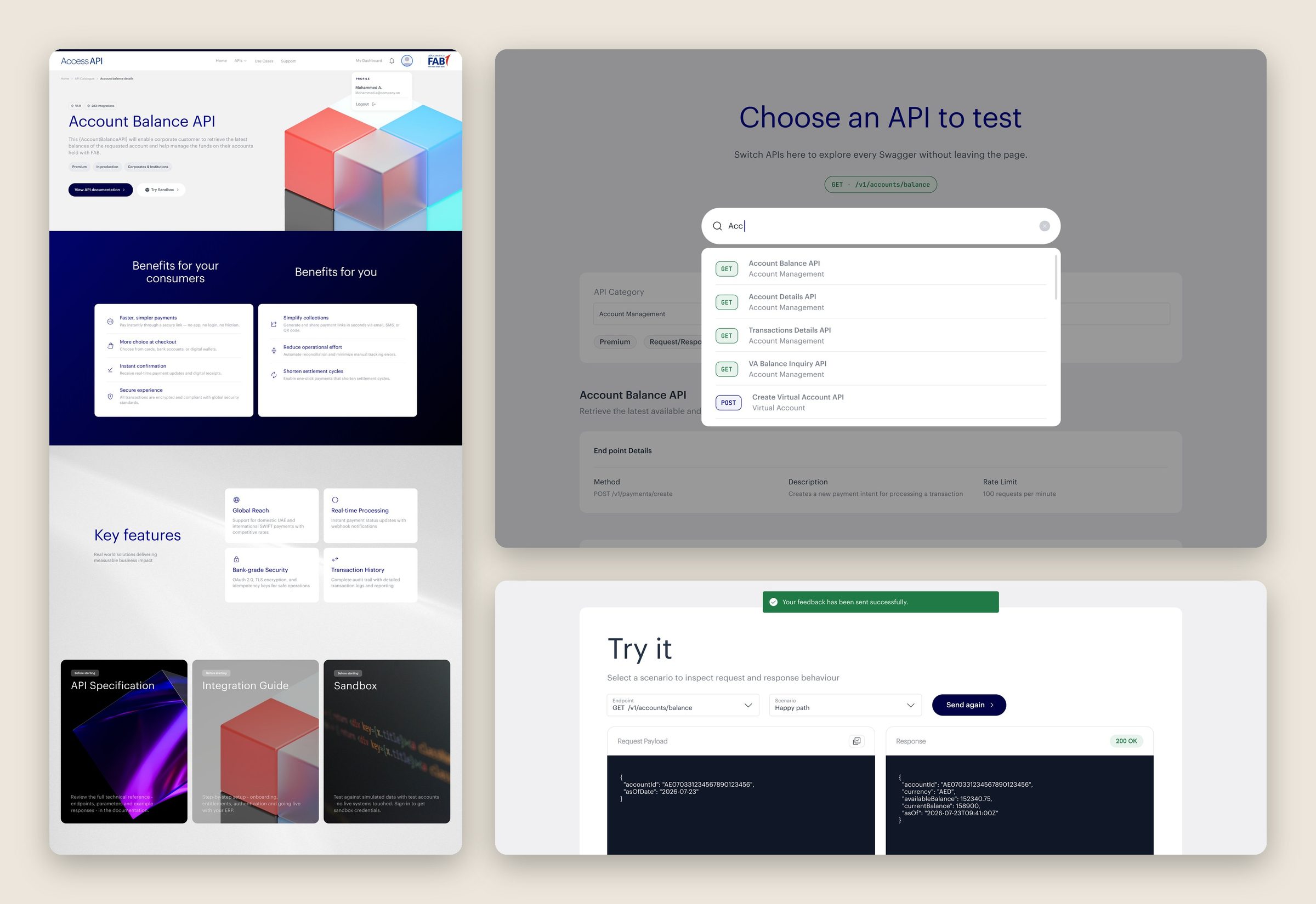 Collage: API product page, API simulator search and Try it console