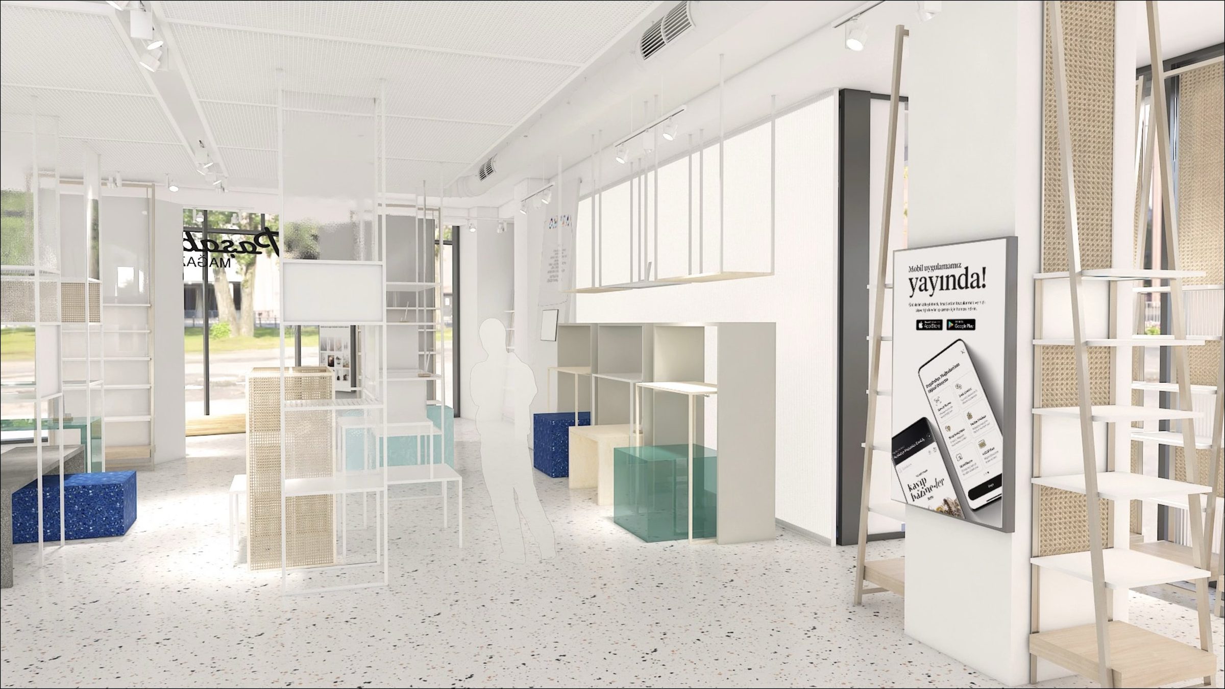 Interior design concept: store interior with modular shelving and a digital screen promoting the store app