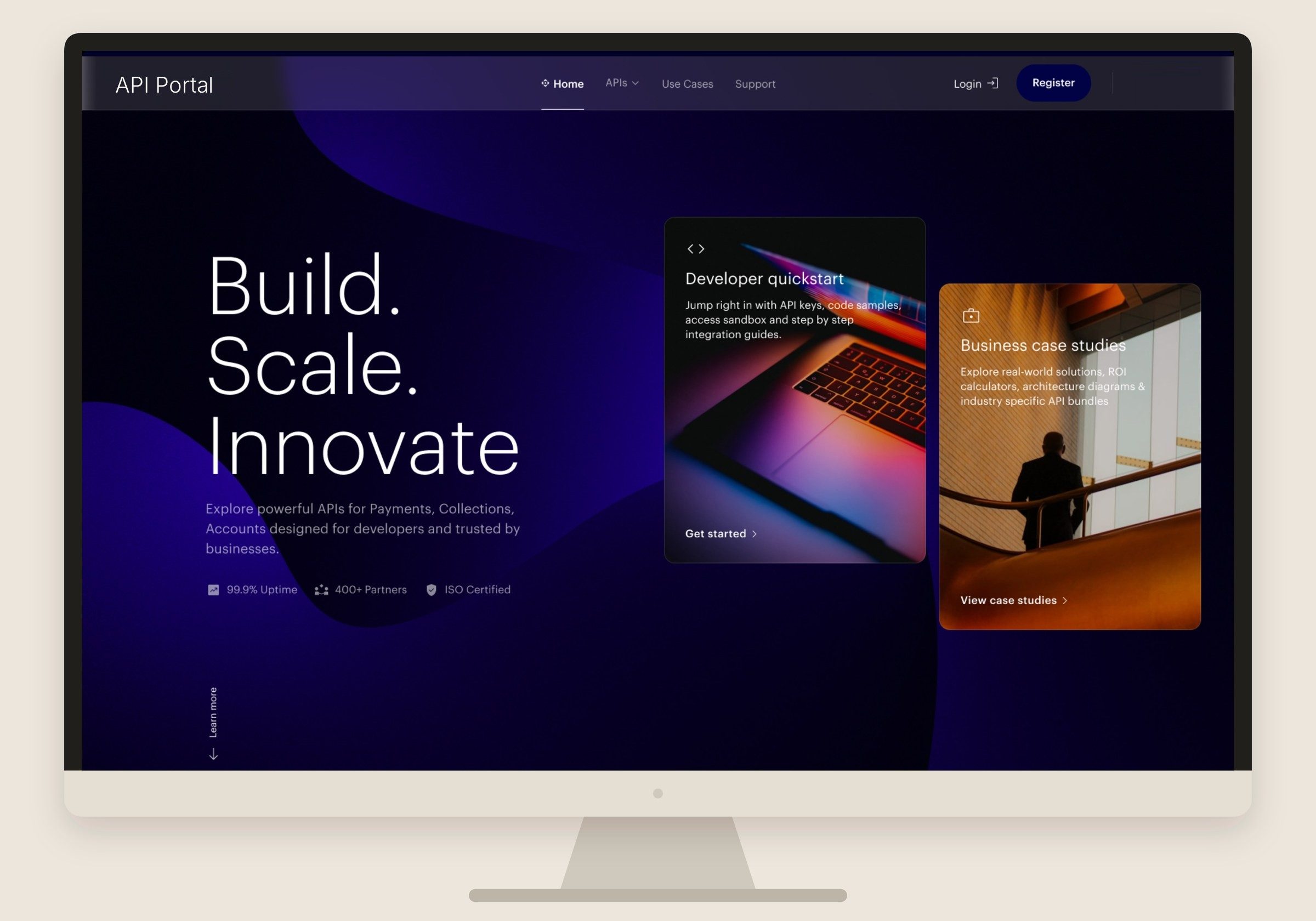 API banking portal homepage on a desktop screen