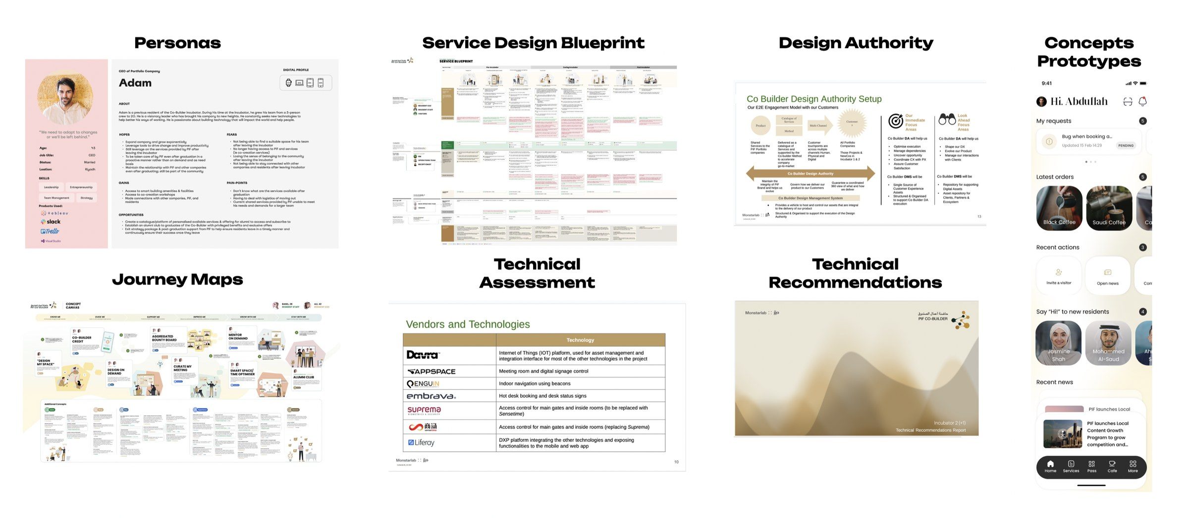 Project outputs: personas, service design blueprint, design authority, concept prototypes, journey maps, technical assessment and technical recommendations