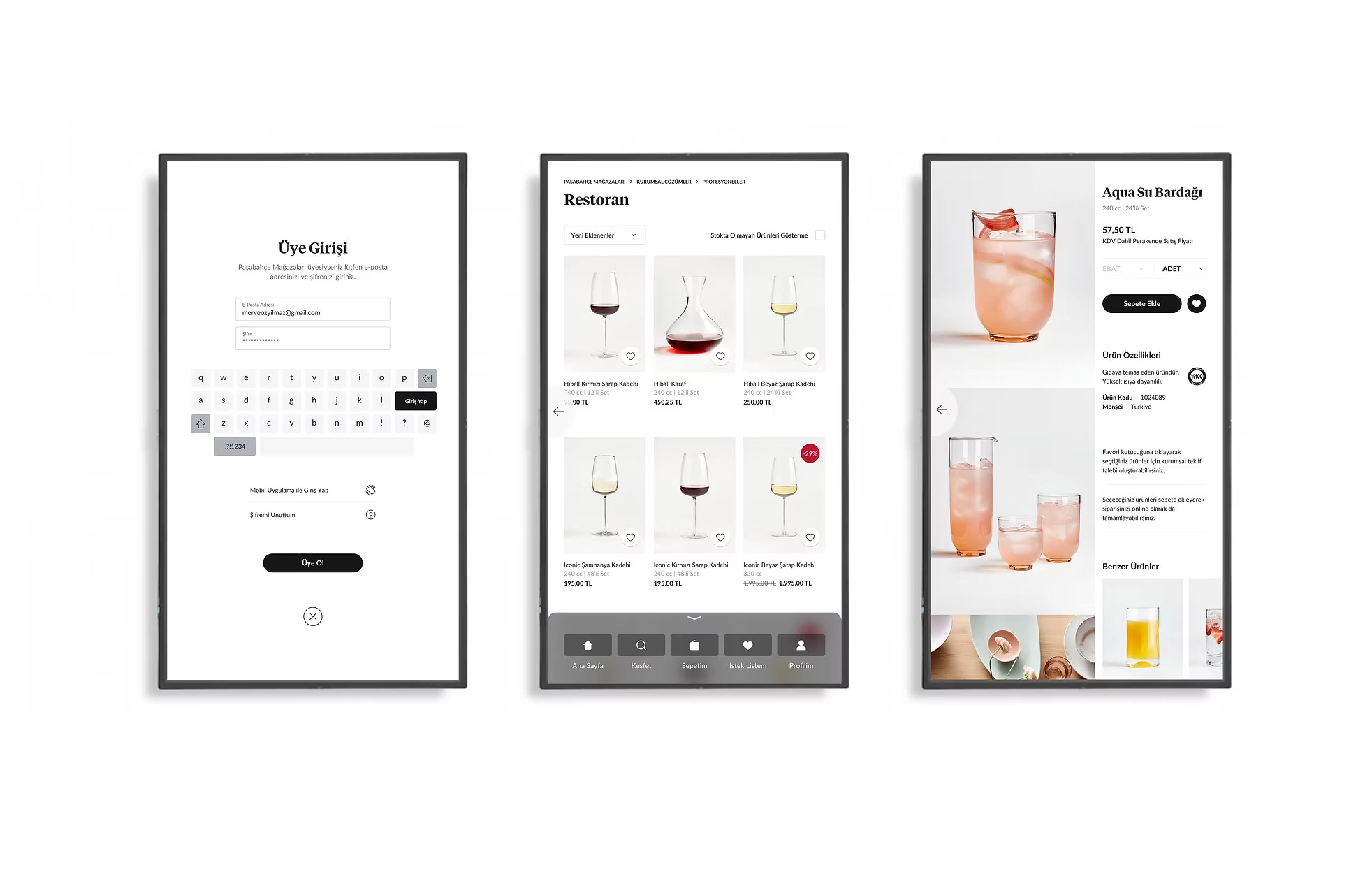 In-store interactive screens: sign-up, product listing for businesses such as restaurants, and product details